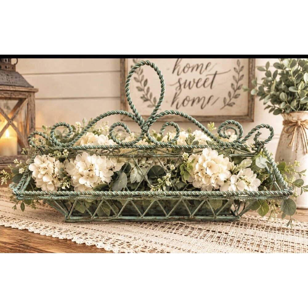 Vintage Metal Wire Wall Pocket Hanging Basket Sage Green Shabby Farmhouse Decor